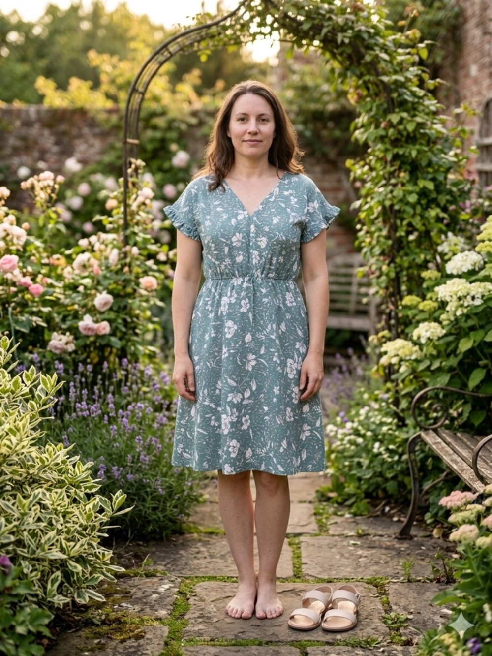 French Grey Whimsical Cottagecore Dusty Sage Green Floral Midi Dress Size Medium